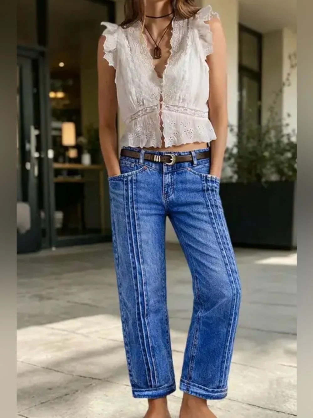 Wash Pleated High Rise Straight Leg Crop Jeans Without Belt 2XL FG30-22